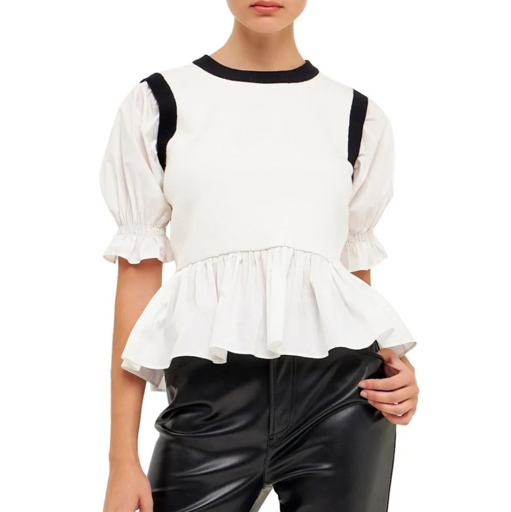 ENGLISH FACTORY Layered Mixed Media Ruffle Sleeve Top Size Medium NWT